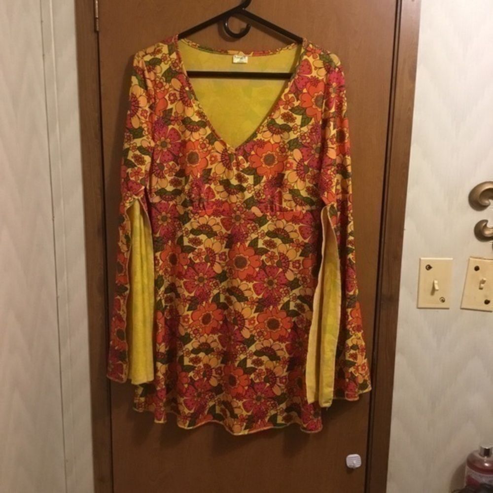 Yellow Flower Split Long Sleeve V neck Retro 70s Spandex Hippie Mini Dress L